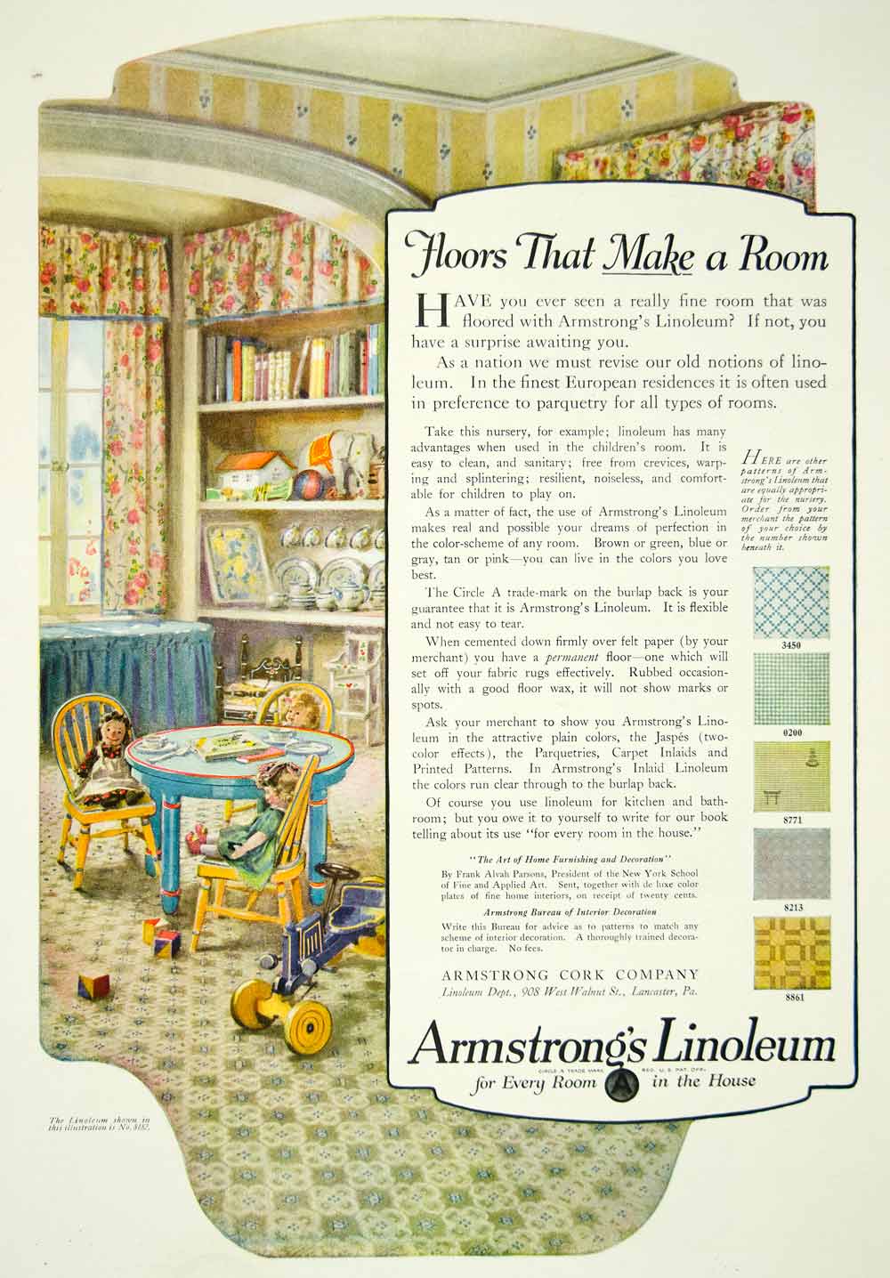 1920 Ad Armstrong Linoleum Children's Room Nursery Toys Flooring Patterns YDL9