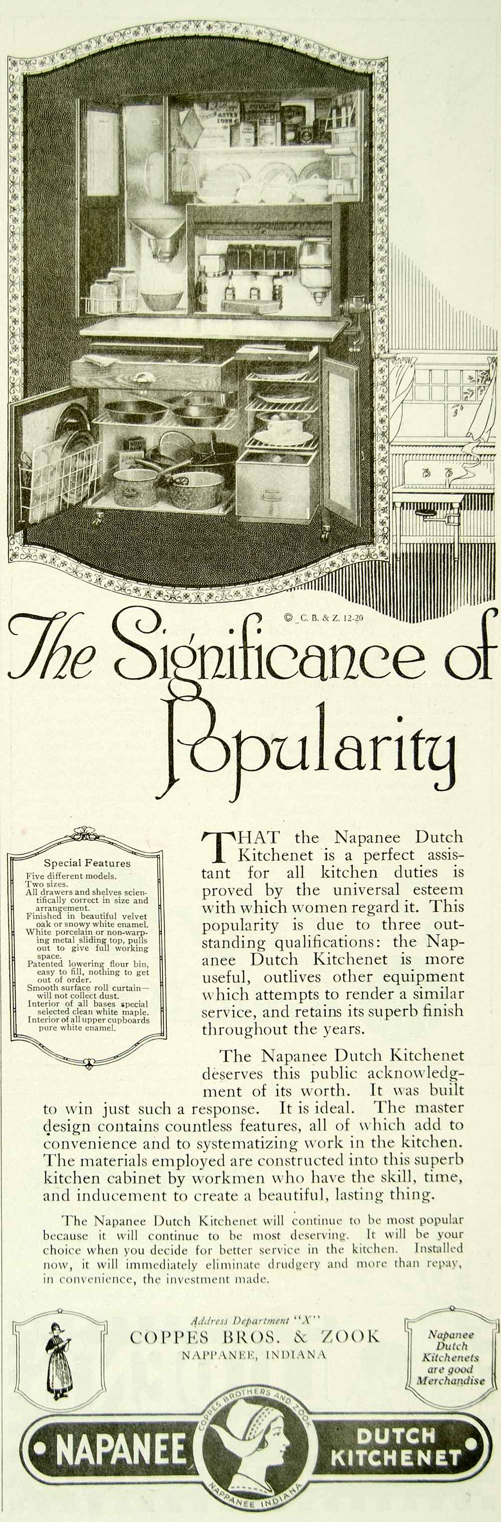 1920 Ad Napanee Dutch Kitchenet Cupboards Coppes Bros Zook Indiana Cabinet YDL9