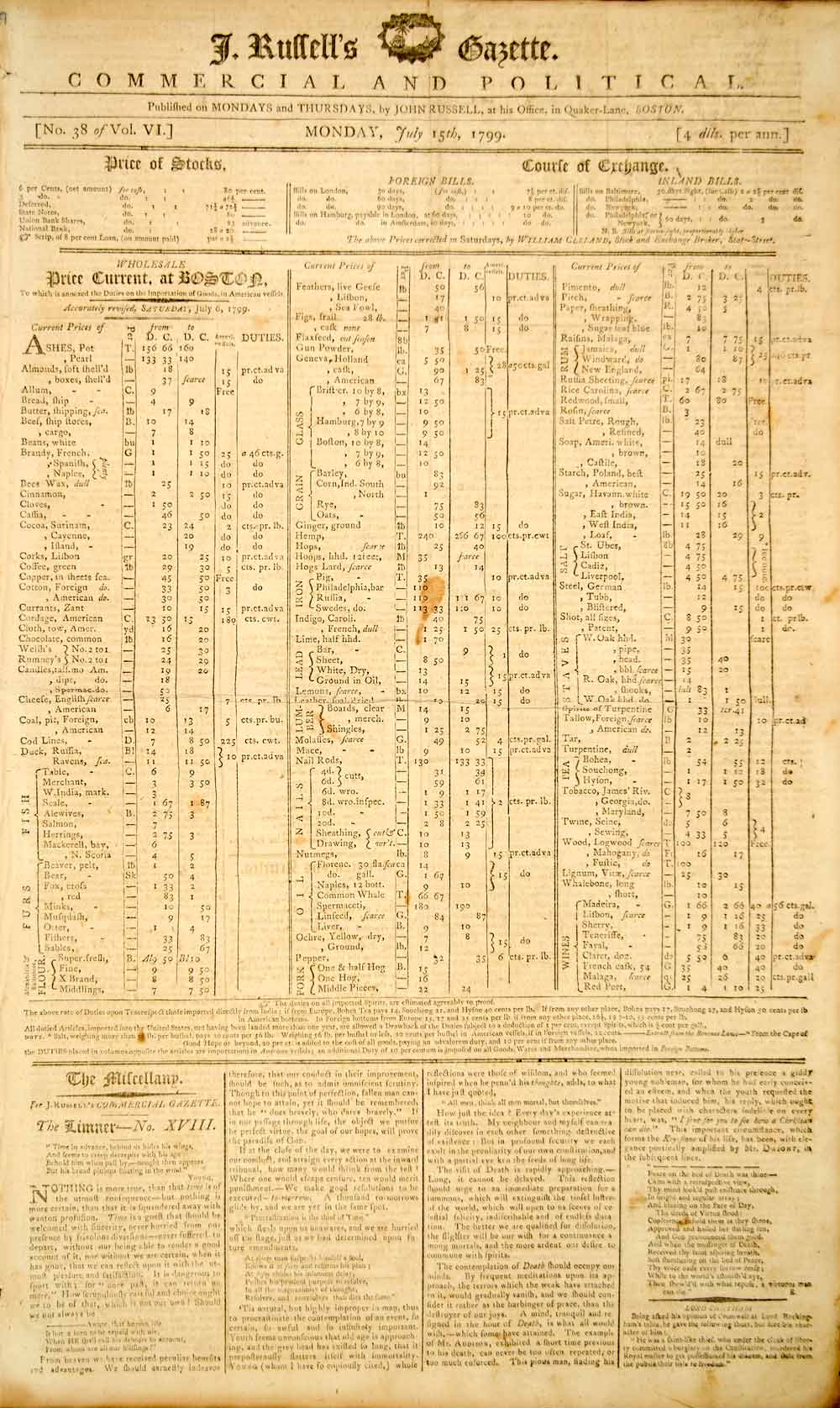 1799 Newspaper John Russell's Gazette Boston Massachusetts Prices Pre YEPH6