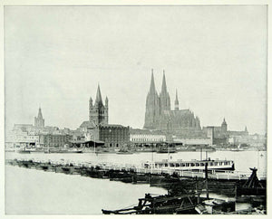 1893 Print Rhine River Cologne Germany Europe Cityscape Gothic Cathedral YFC2