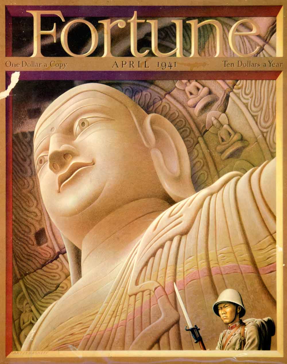 1941 Cover Fortune Boris Artzybasheff Buddha Colossal Statue Soldier WWII YFC3