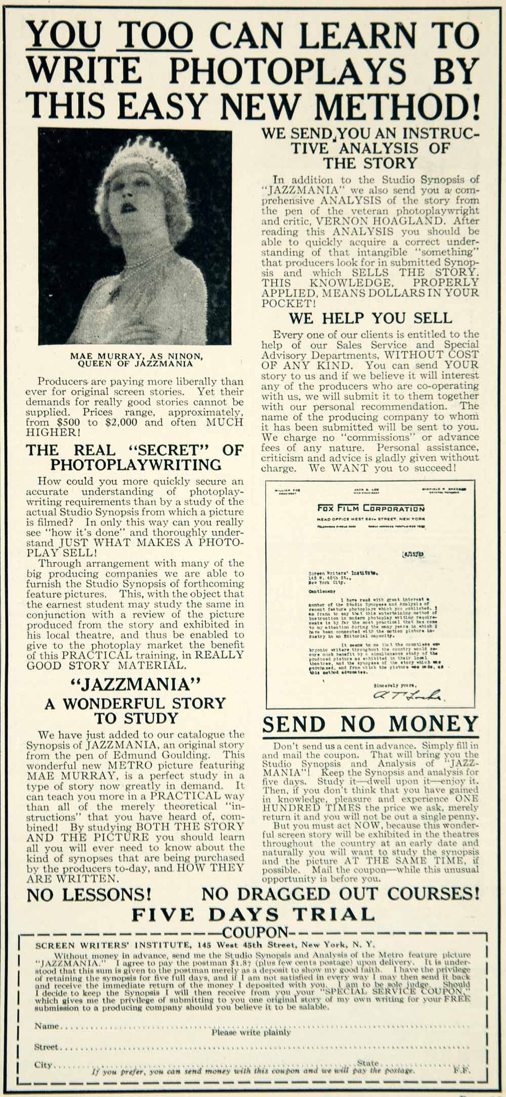 1923 Ad Screen Writers Institute Jazzmania SIlent Film Synopsis YFF2