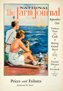 1934 Cover National Farm Journal Art Sailing Ships Ocean Deck Man Woman YFJ1