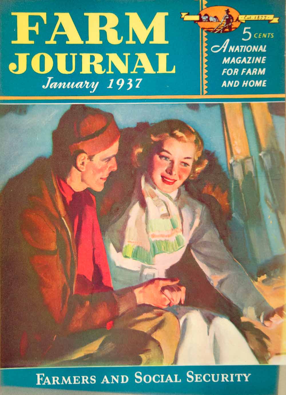 1937 Cover Farm Journal Art Romantic Couple Fireplace Hearth Winter Fashion YFJ1