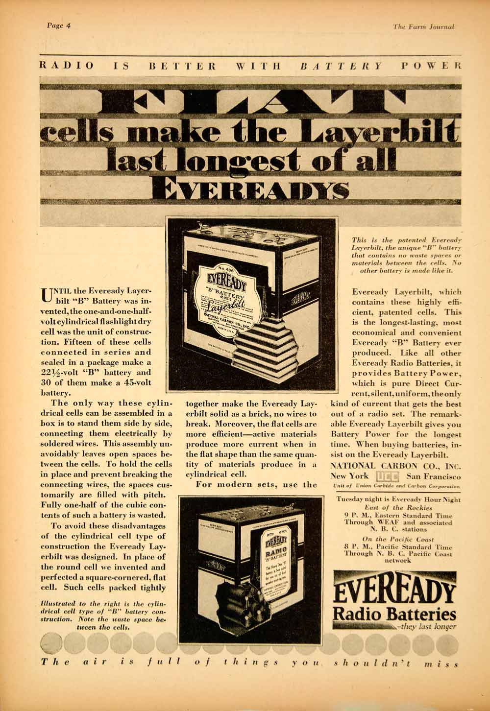 1928 Ad Eveready Radio Battery Layerbilt Flat Cells 45 Volt Union Carbide YFJ1