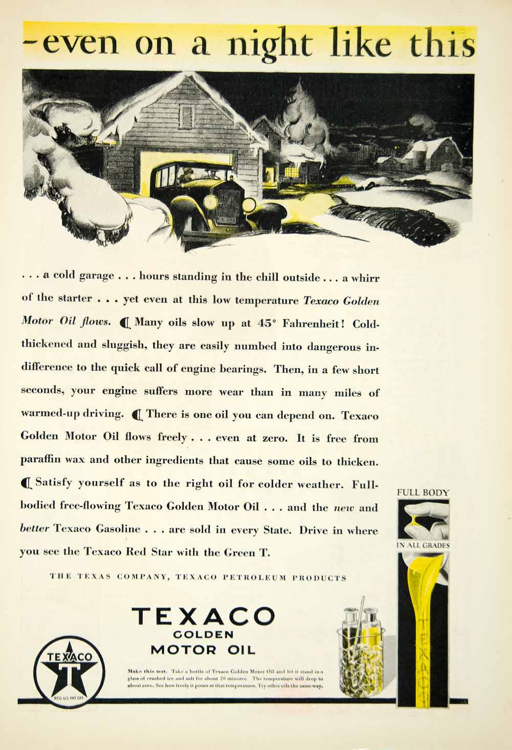 1929 Ad Texaco Golden Motor Oil Engine Lubricant Cold Garage Night Car YFJ1