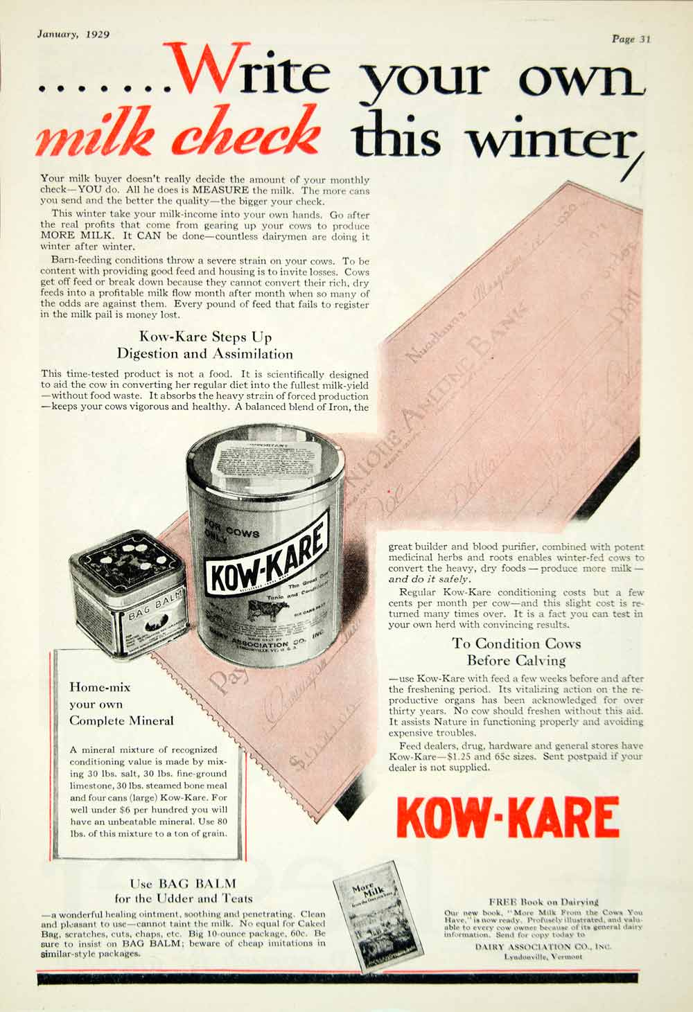 1929 Ad Kow Kare Udder Teat Balm Milk Check Dairy Farming Cow Mineral YFJ1