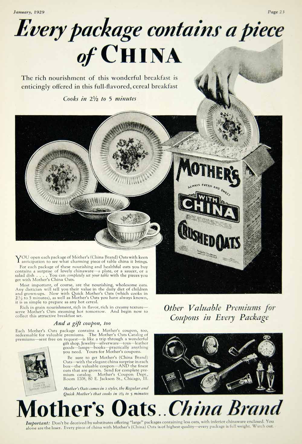 1929 Ad Mothers Crushed Oats Cereal China Plate 80 E Jackson St Chicago YFJ1