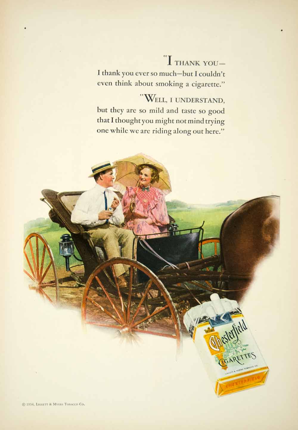 1934 Ad Chesterfield Cigarettes Smoking Horse Carriage Romantic Couple YFJ1