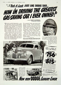 1939 Ad Dodge Luxury Liner 2 Door Coupe Car Henry Susemiehl Luggage YFJ1