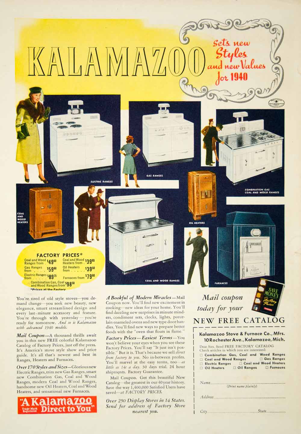 1939 Ad Kalamazoo Electric Gas Range Stove Furnace Appliance Coal Wood YFJ1