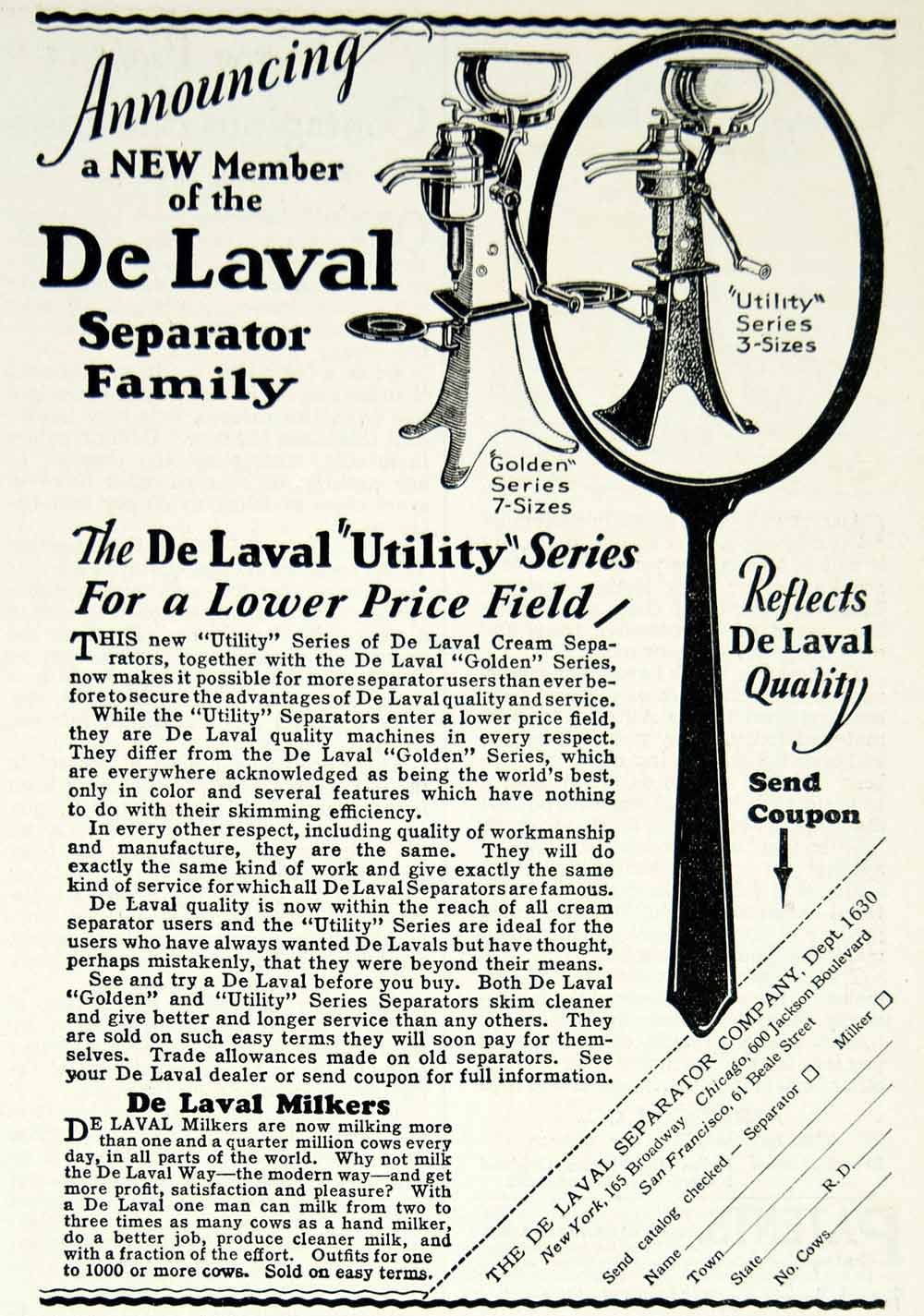 1929 Ad De Laval Milk Cream Separator Dairy Farm Equipment Golden Series YFJ1