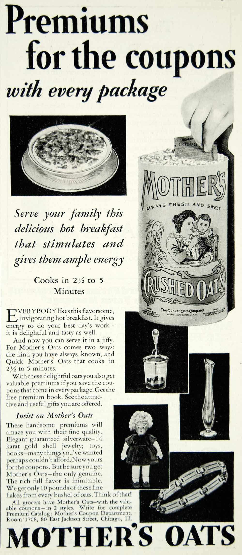 1929 Ad Mothers Crushed Oats Breakfast Cereal 80 E Jackson St Chicago YFJ1