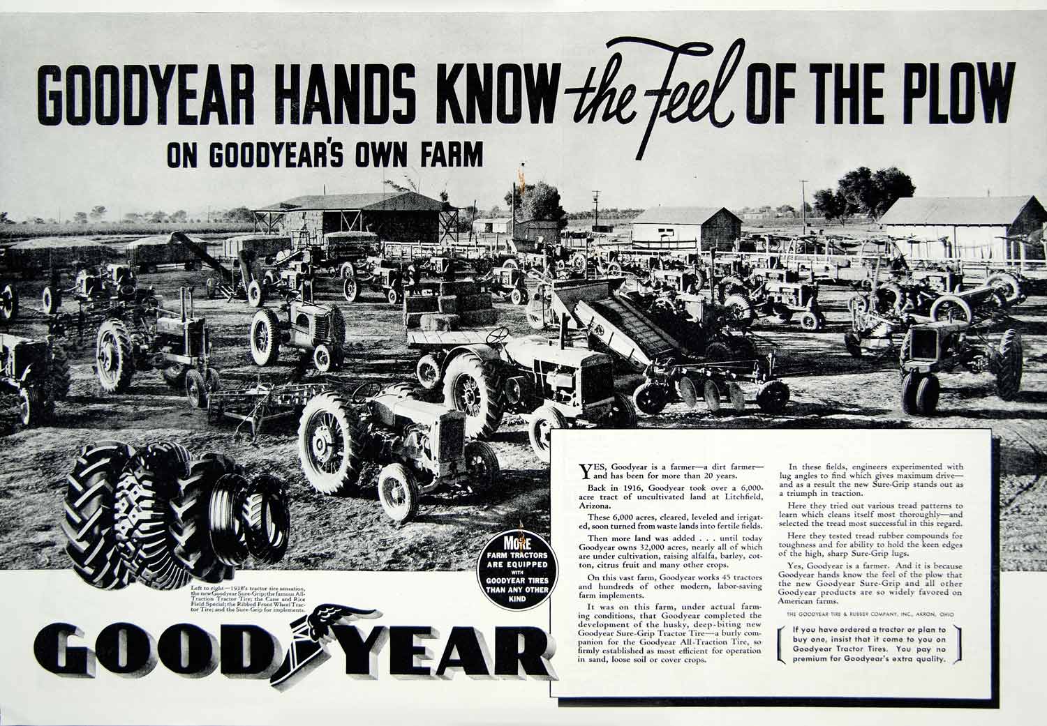 1938 Ad Goodyear Tractor Tire Sure Grip All Traction Wheel Hands Plow Farm YFJ1