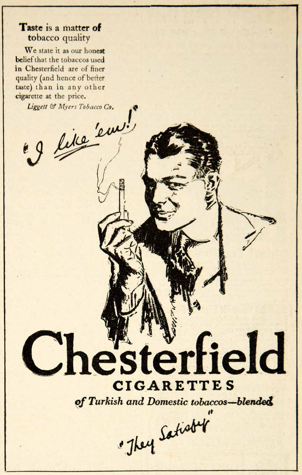 1922 Ad Chesterfield Cigarettes Tobacco Man Smoking They Satisfy Liggett YFL1