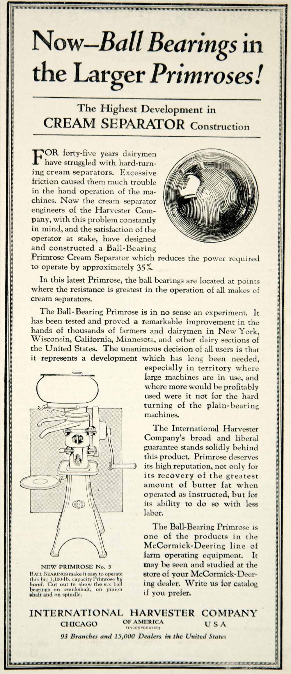 1922 Ad Antique Ball-Bearing Primrose Cream Separator International YFL1