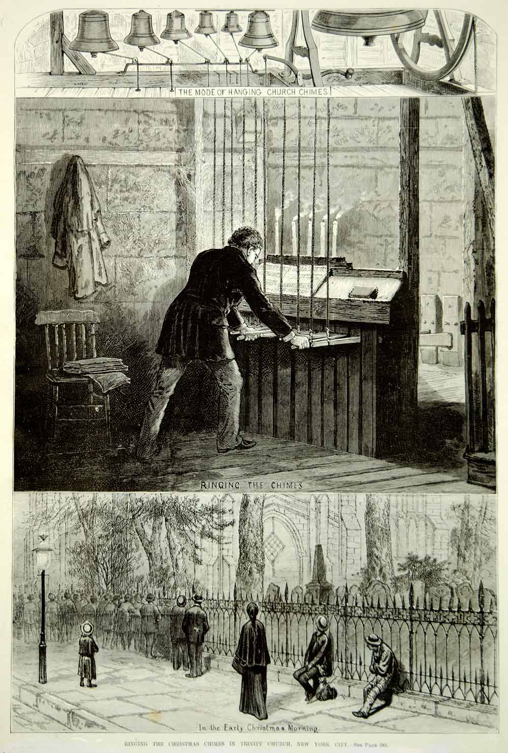 1875 Wood Engraving Christmas Chimes Bell Ringer Trinity Church New York City