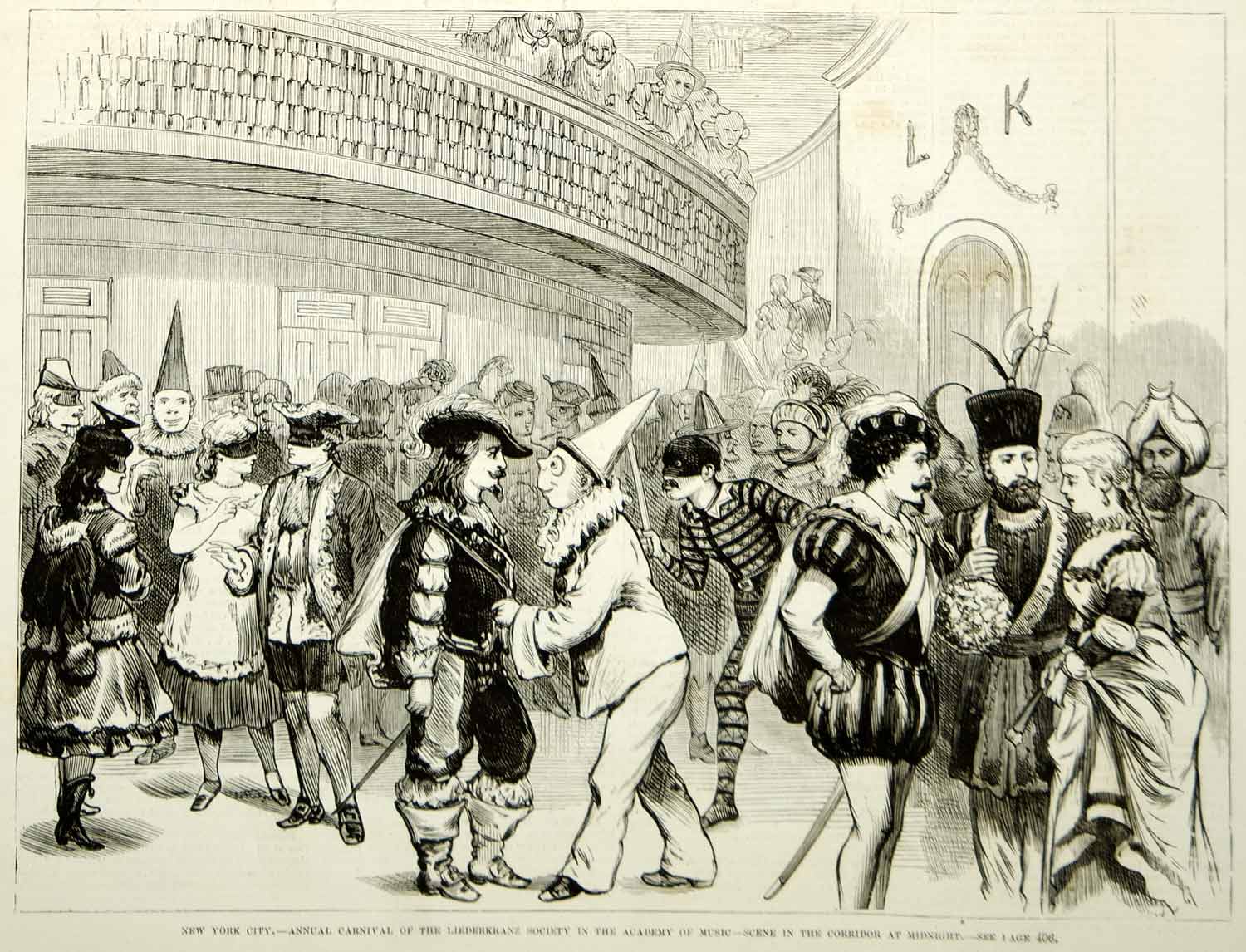 1875 Wood Engraving Liederkranz Society Carnival Masquerade Party NYC Costumes