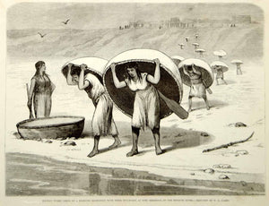 1875 Wood Engraving Mandan Women Native American Bull Boats Missouri River