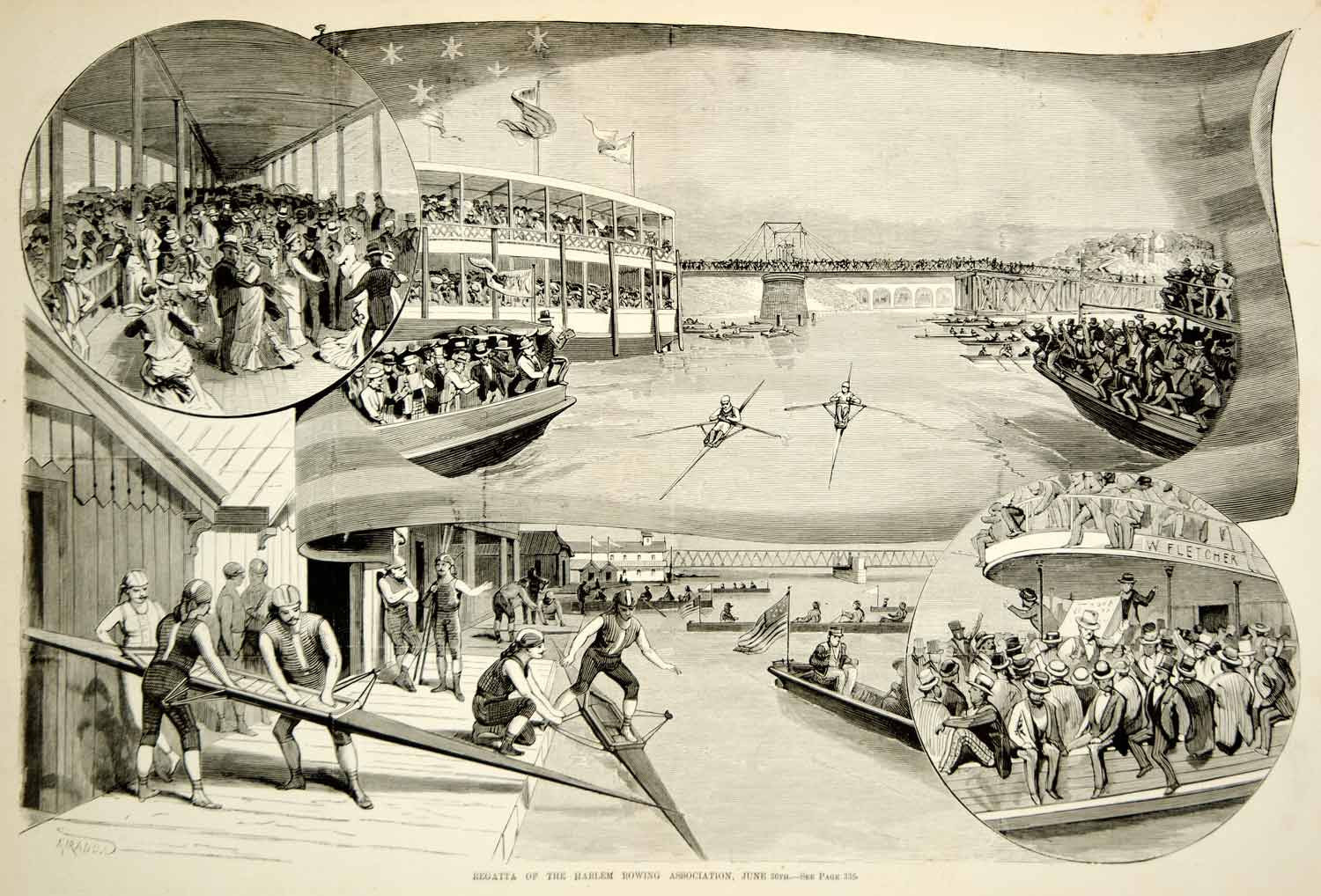 1875 Wood Engraving Harlem Rowing Regatta Boat Race Sculling Rowing Spectators - Period Paper
