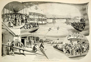 1875 Wood Engraving Harlem Rowing Regatta Boat Race Sculling Rowing Spectators - Period Paper
