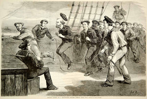 1875 Wood Engraving Sailors Jumping Rope Deck Warship Uniforms Joseph Becker Art