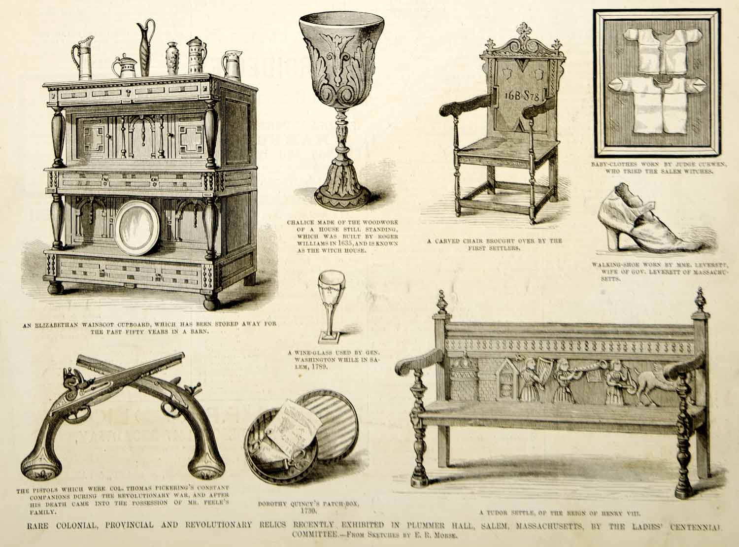 1876 Wood Engraving Colonial Revolutionary War Antiques Pistol Chair Clothing