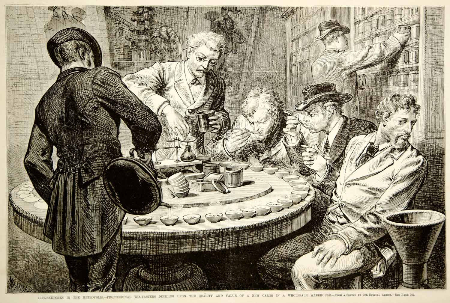1876 Wood Engraving Tea Professional Tasters Tasting Spitoon Historic Antique - Period Paper
