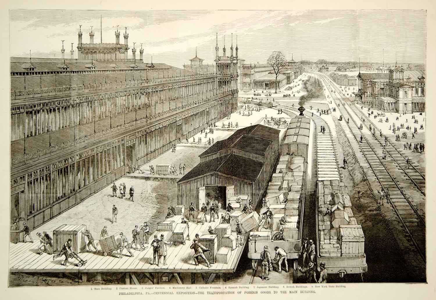 1876 Engraving Centennial Exposition Philadelphia Worlds Fair Buildings Railroad