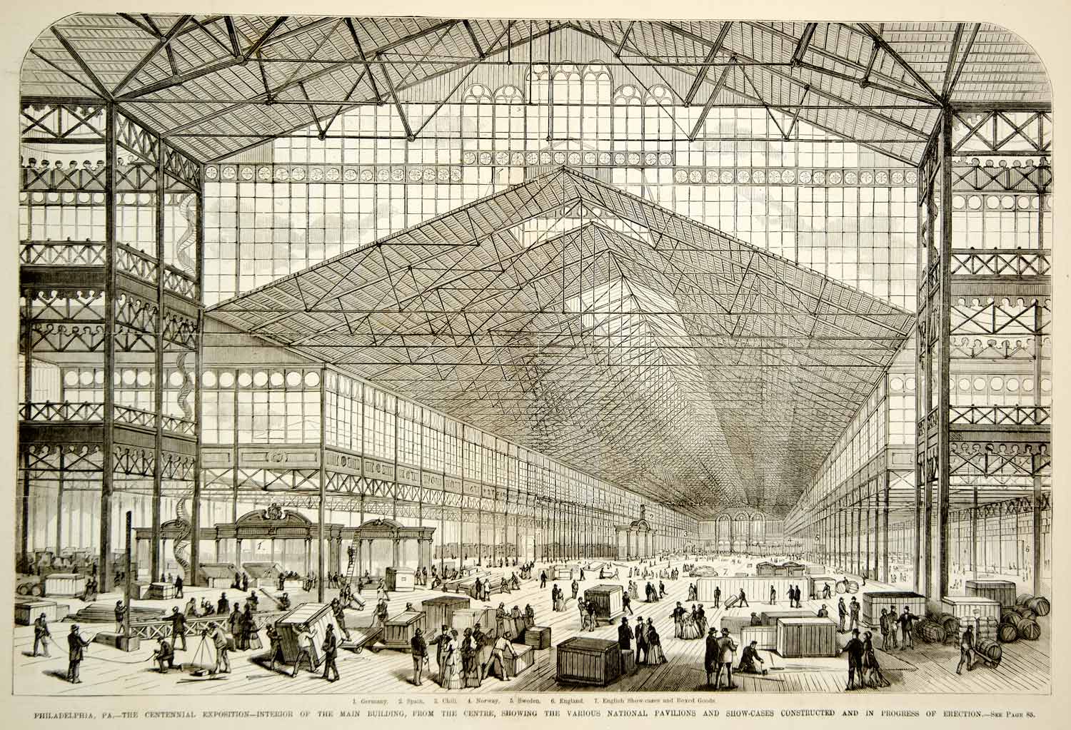 1876 Wood Engraving Centennial Exposition Philadelphia Worlds Fair Main Building