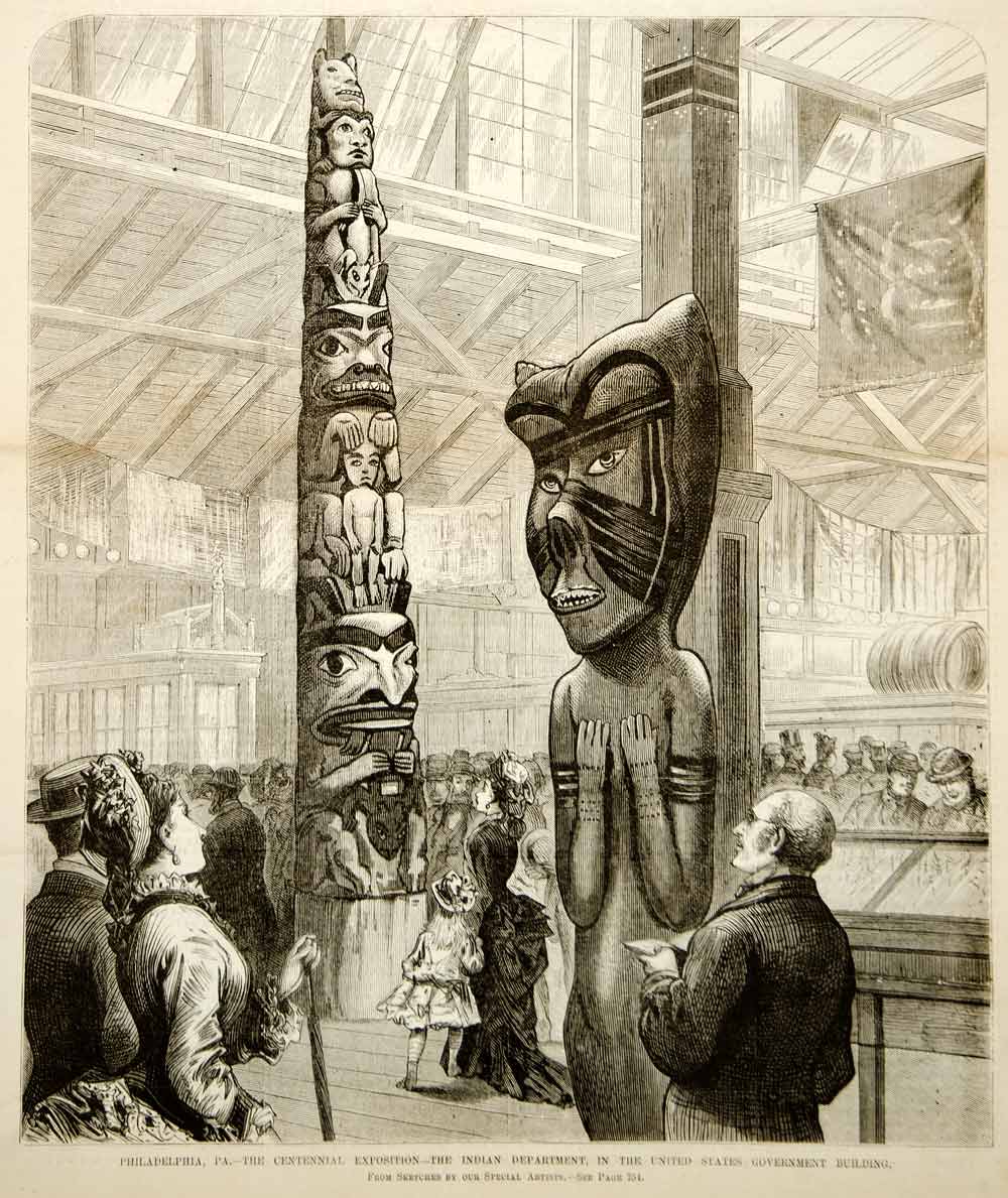 1876 Engraving Centennial Exposition Philadelphia Native American Totem Pole
