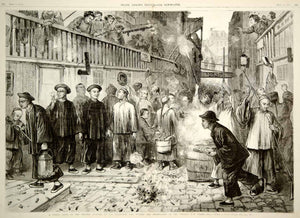 1875 Wood Engraving Chinatown San Francisco New Year's Celebration Firecrackers