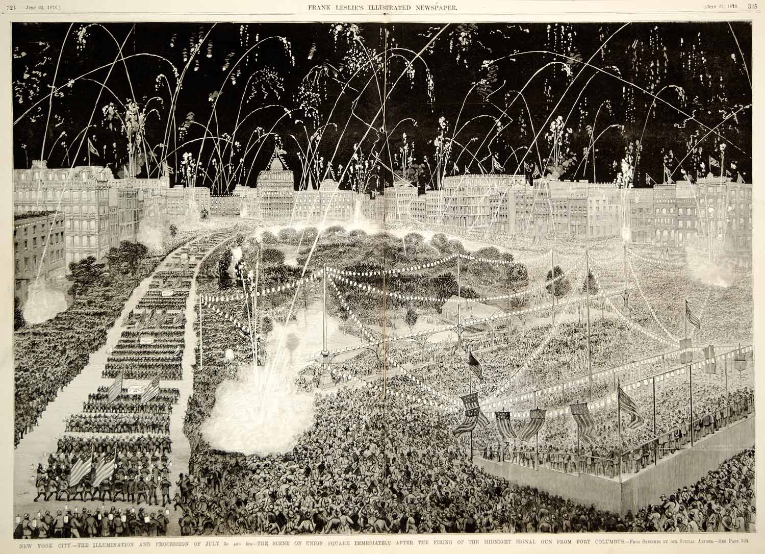 1876 Engraving 4th of July Union Square Park Fireworks NYC Parade Celebration