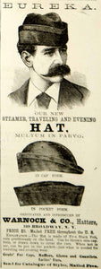 1875 Ad Antique Steamer Traveling Hat Cap Warnock Hatters Victorian Fashion Men
