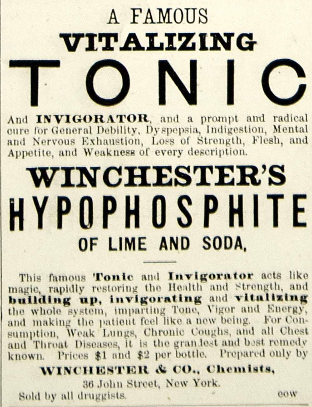 1875 Ad Antique Winchester's Hypophosphite Tonic Cure Medical Quackery Medicine