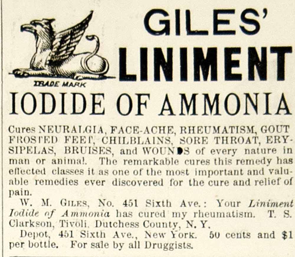 1875 Ad Antique Giles' Liniment Iodide of Ammonia Medical Quackery Cure Medicine