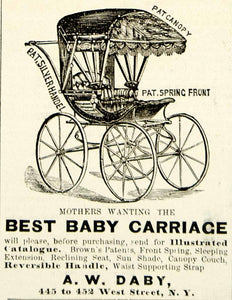1875 Ad Antique Victorian Baby Carriage Buggy Pram Infant Canopy A. W. Daby NYC