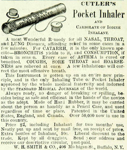 1875 Ad Antique Cutler's Pocket Inhaler Iodine Inhalant Medical Quackery Cure