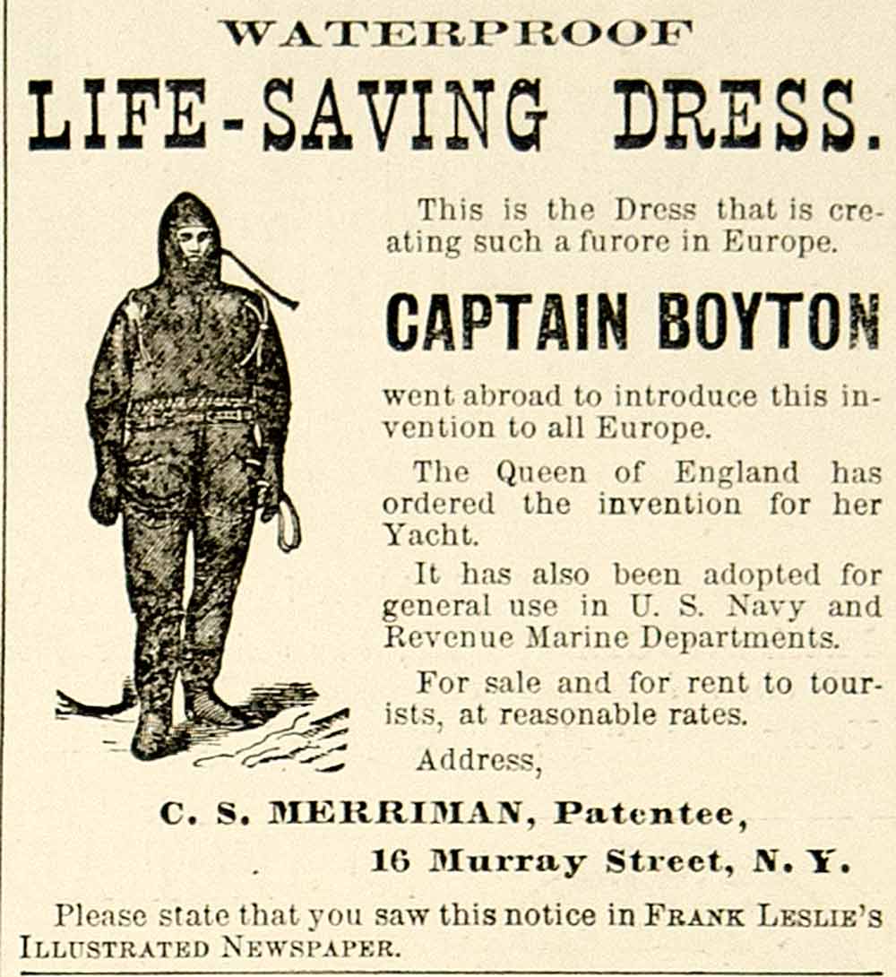 1875 Ad Antique Clark S. Merriman Immersion Dry Suit Water Survival Paul Boyton