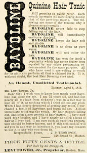 1875 Ad Antique Bayoline Quinine Hair Loss Tonic Dressing Dandruff Levi Tower Jr