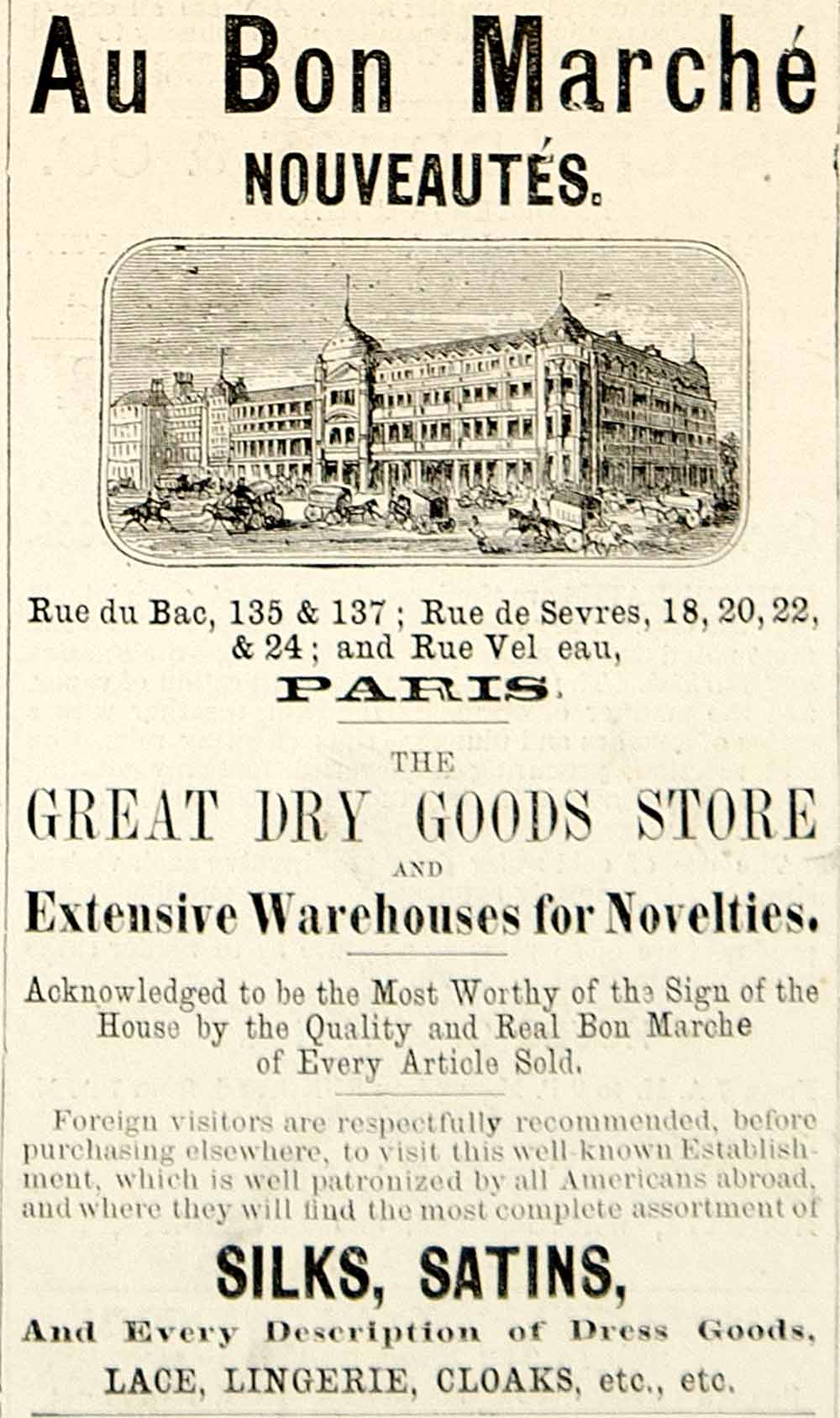 1875 Ad Antique Au Bon Marche Paris Department Store Building French Dry Goods