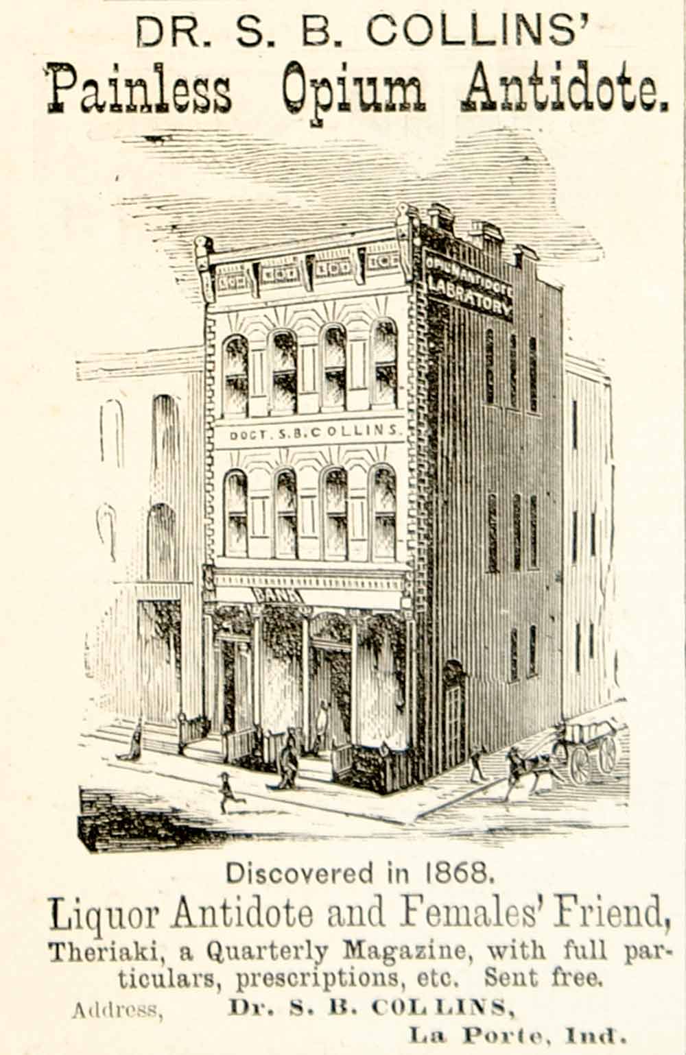 1875 Ad Opium Antidote Dr. S. B. Collins La Porte IN Building Medical Quackery