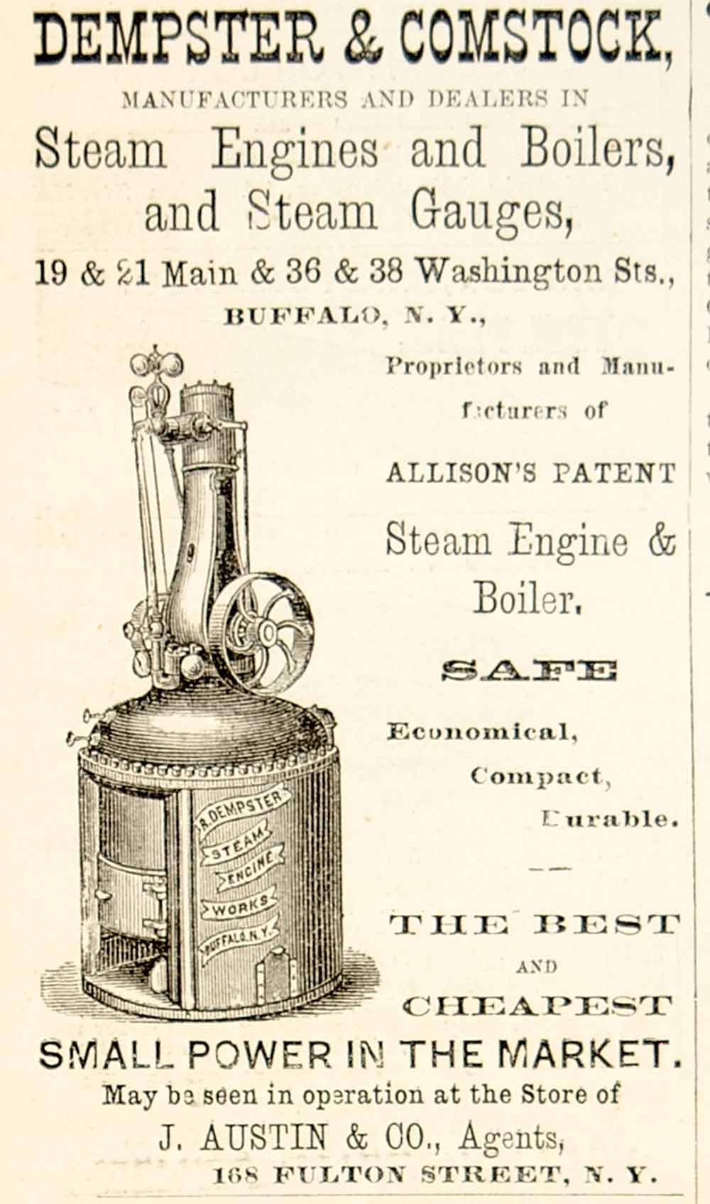 1875 Ad Antique Dempster & Comstock Steam Engines Boilers Machinery Buffalo NY