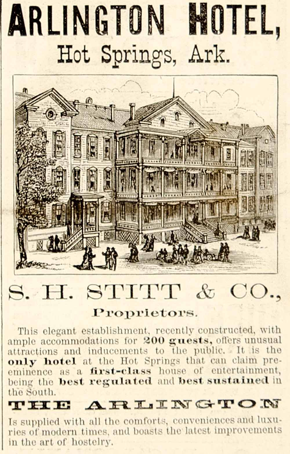 1876 Ad Antique First Arlington Hotel Hot Springs Arkansas Historic Building Spa