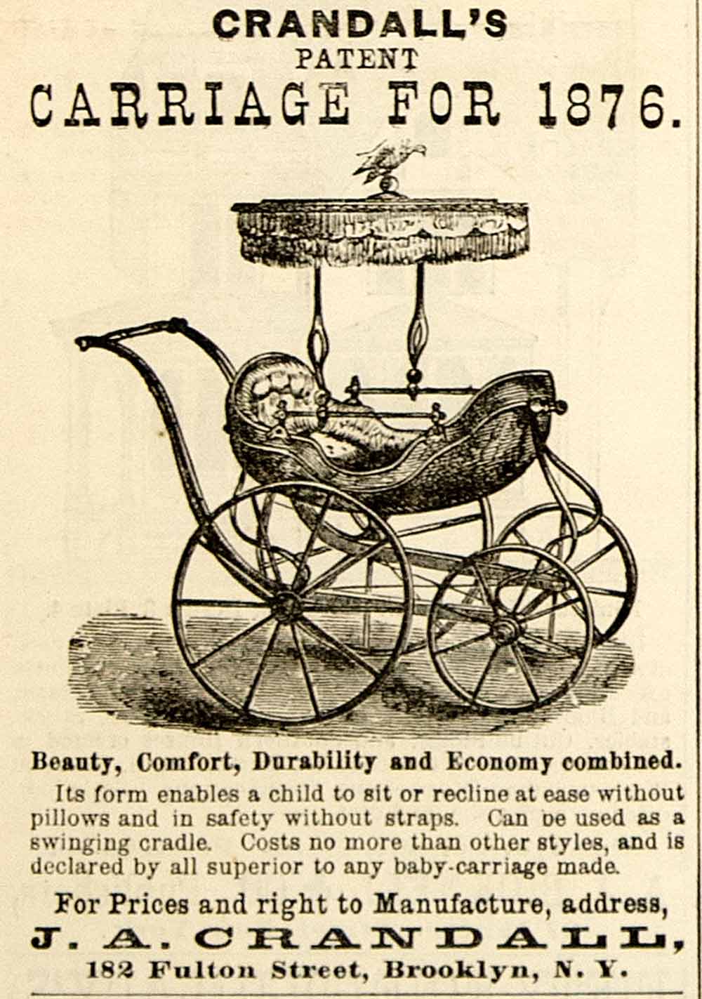 1876 Ad Antique J. A. Crandall Patent Baby Carriage Buggy Pram 182 Fulton St NYC