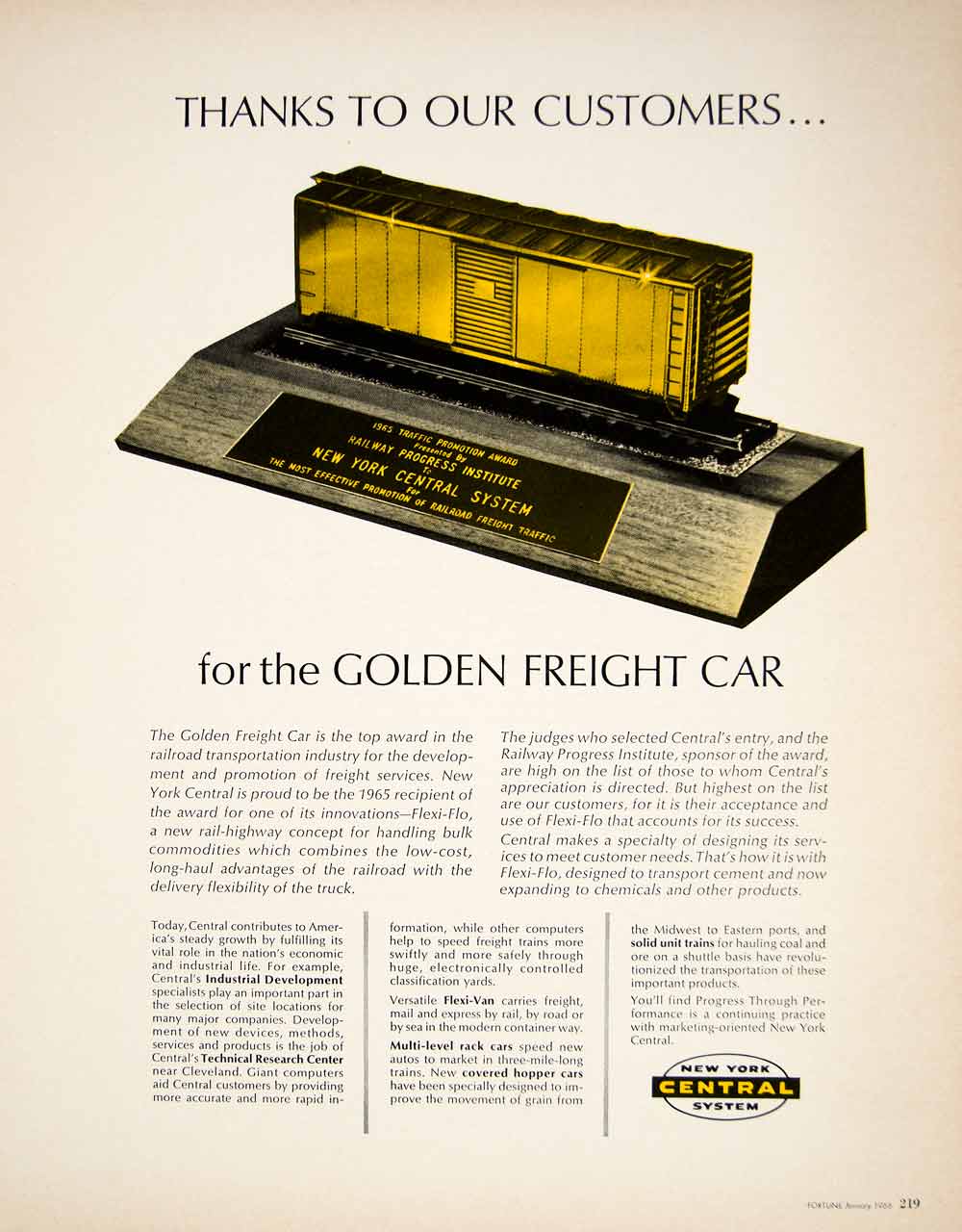 1966 Ad New York Central System Golden Freight Car Award Railroad Industry YFM2