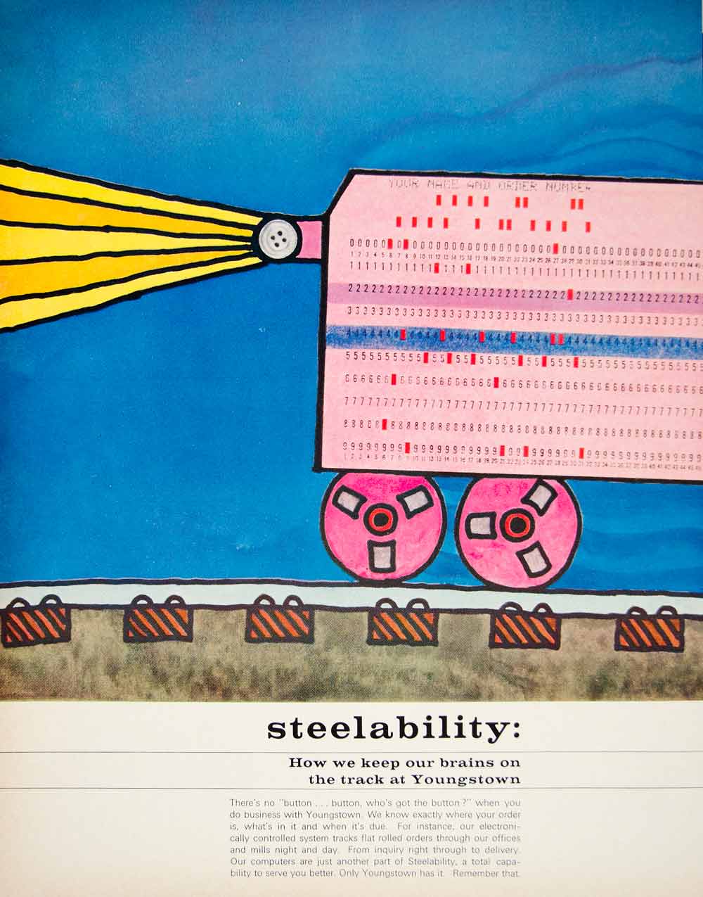 1966 Ad Youngstown Steel Ohio Computer IBM Punch Card Cartoon Illustration YFM2