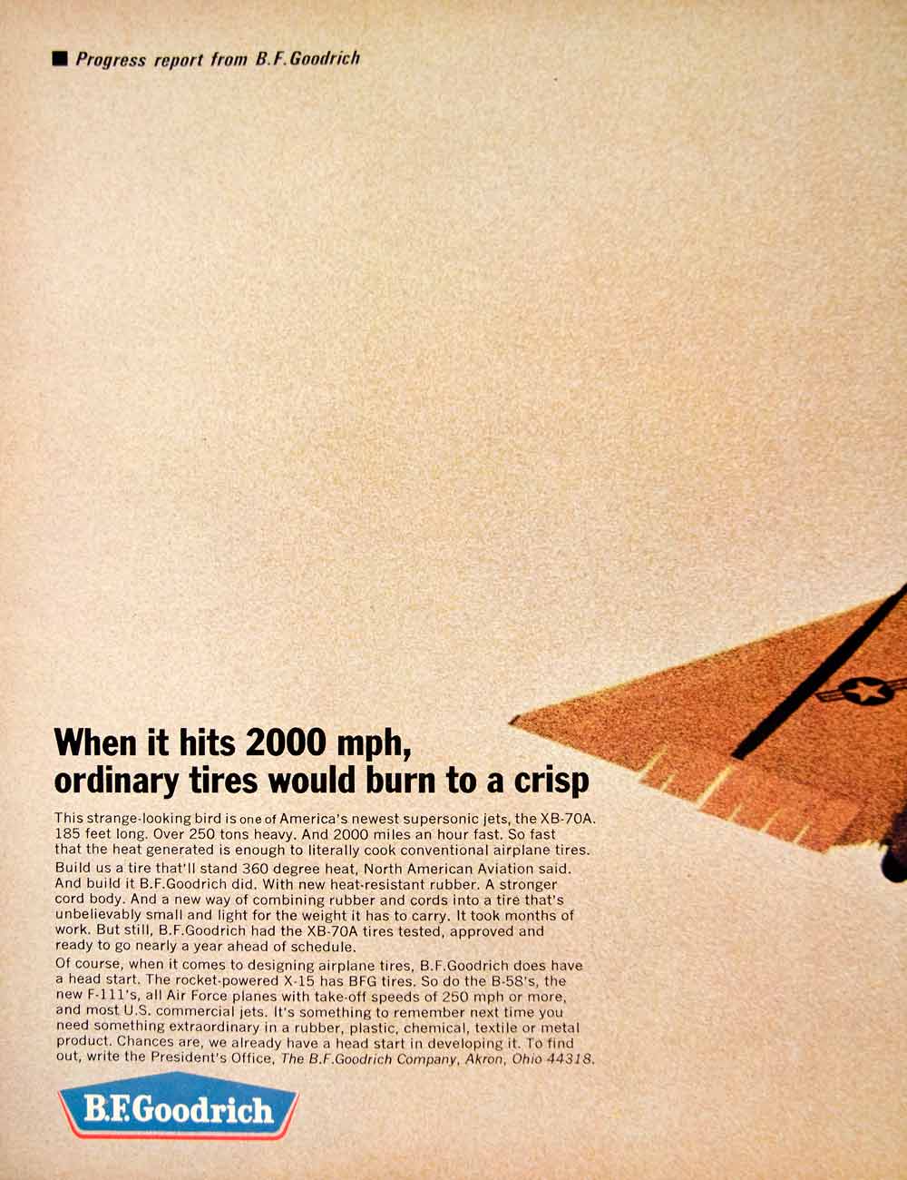 1966 Ad B. F. Goodrich Tires XB-70A Supersonic Jet North American Aviation YFM2