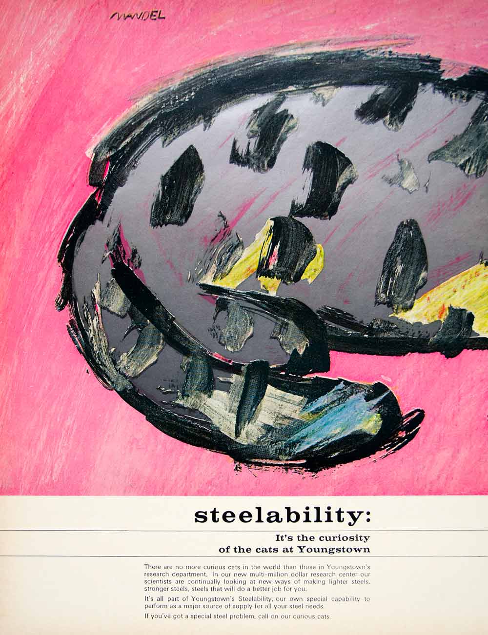 1966 Ad Youngstown Steel Mandel Curious Cat Microscope Cartoon Illustration YFM2