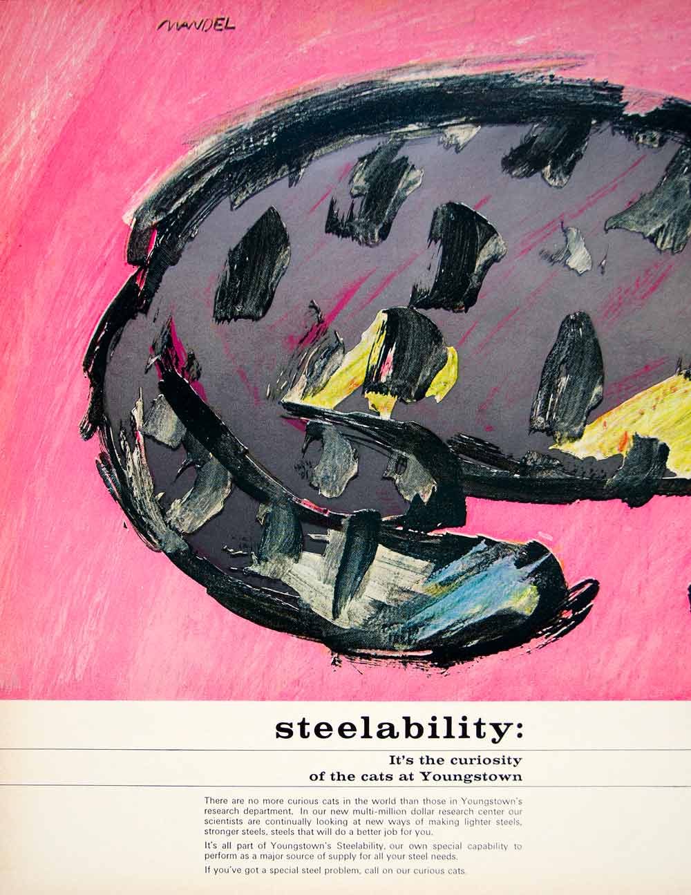 1966 Ad Youngstown Steel Mandel Curious Cat Microscope Cartoon Illustration YFM2